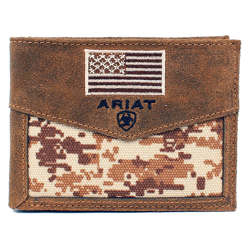 ARIAT MENS DIGI BIFOLD WALLET DIGITAL CAMO CENTER WITH BROWN EDGES