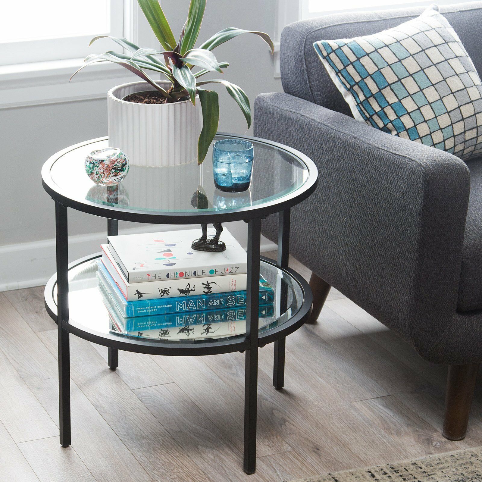 Contemporary Glam Metal Glass Modern Round Black End Table W Shelf Furniture Tables