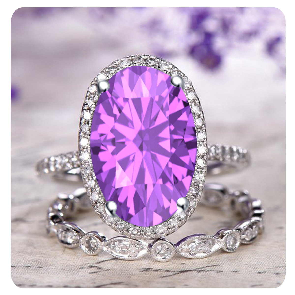 3.10 ct Oval Cut Purple Amethyst &amp; Dia .925 Sterling