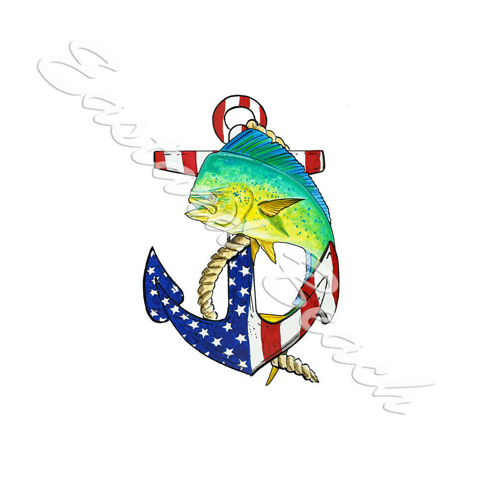USA Anchor with Mahi Dolphin Vinyl Decal Car Truck Boat RV Decals