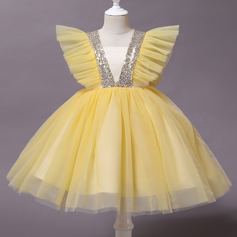 New beautiful elegant yellow rich tulle A-line back bow princess dress for girls