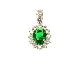 18K WHITE GOLD FLOWER PENDANT BIG OVAL GREEN 9x7mm CRYSTAL, CUBIC ZIRCONIA FRAME image 1