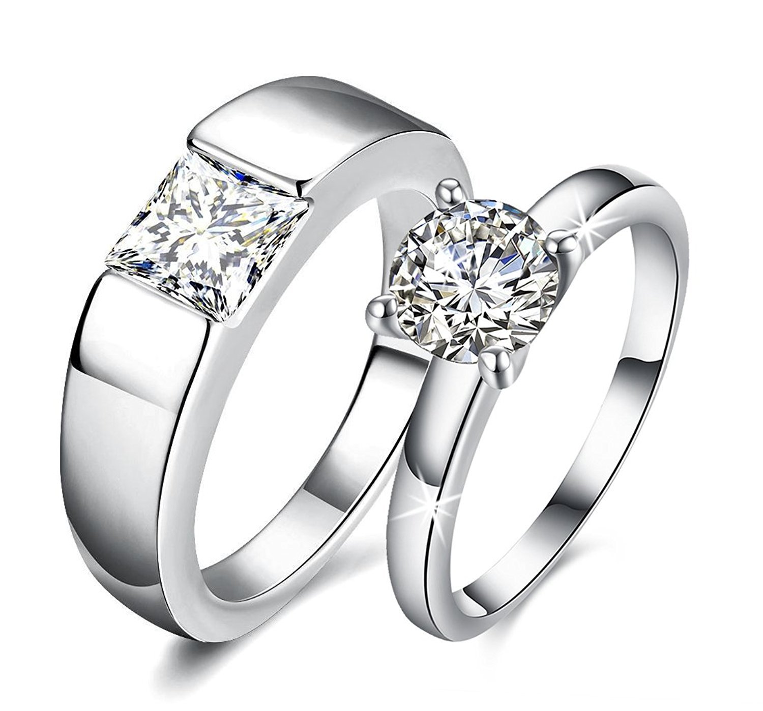 His & Her Engagement Band Couple Ring Set 14k White Gold 925 Silver