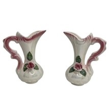 Ornate Iridescent Porcelain Rose Flower Handled Pitcher Vases Set of 2 - $19.79