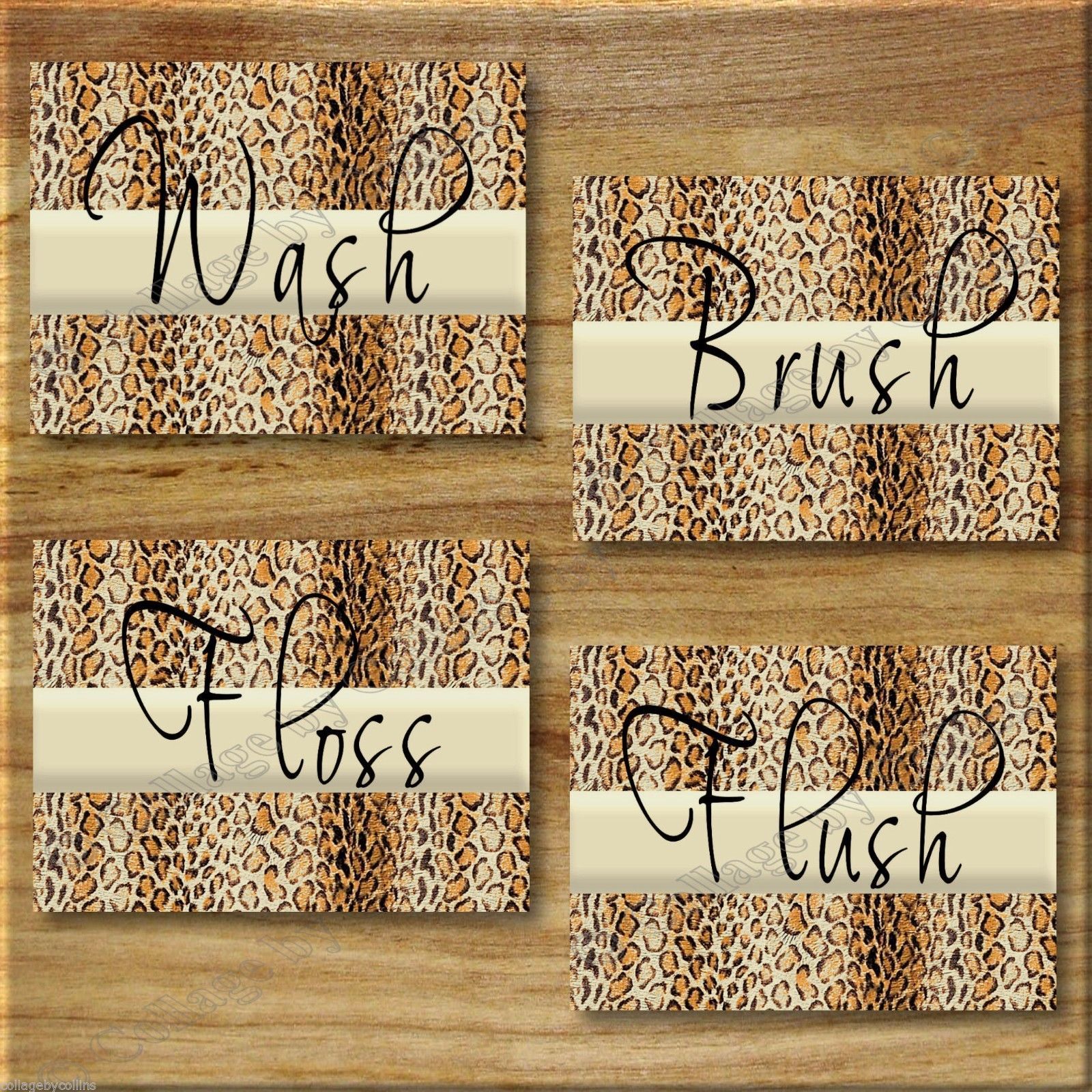 Cheetah Leopard Bathroom Picture Prints WORD Art Wall Decor WASH BRUSH FLUSH + - $14.95