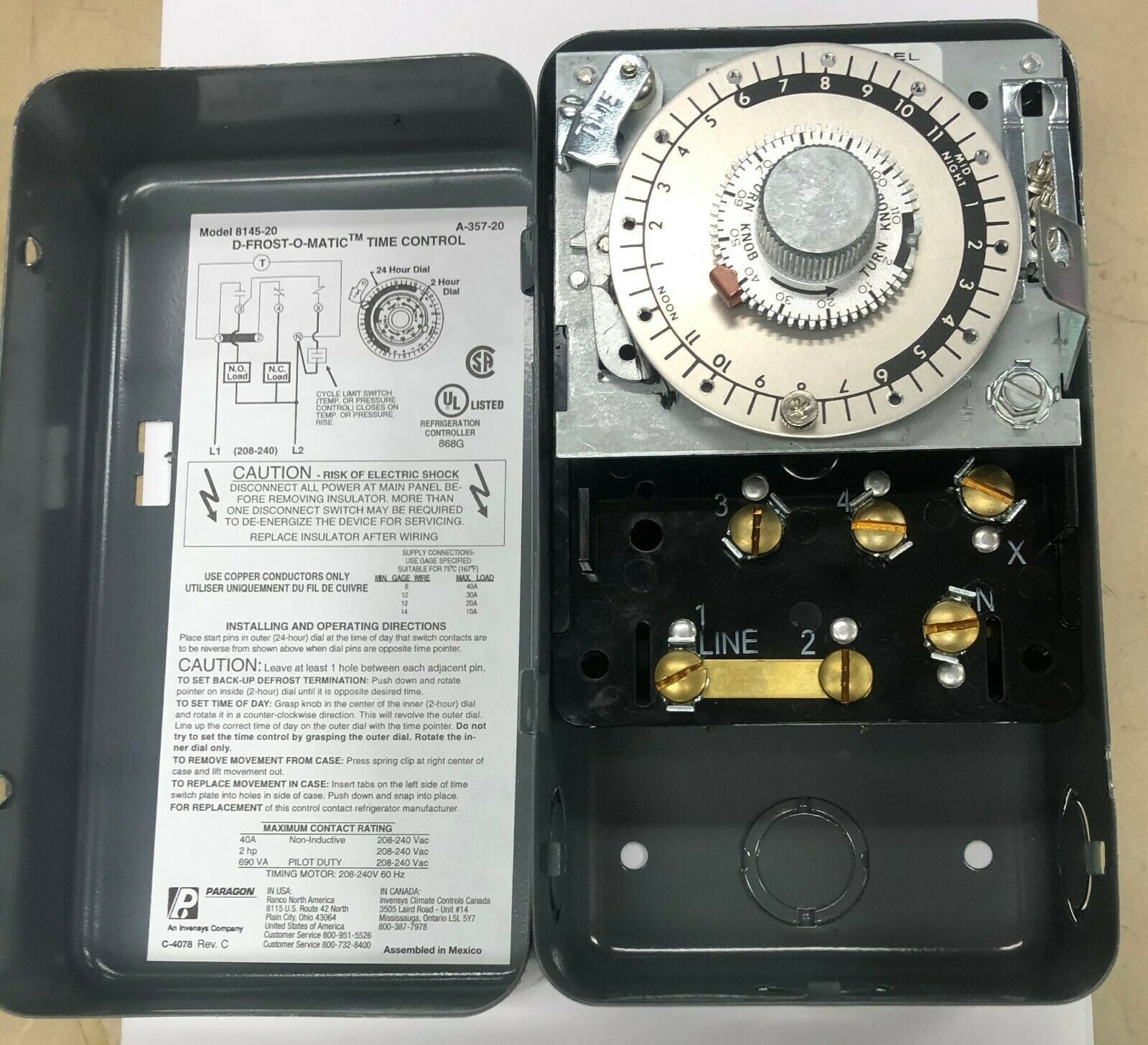 240 VOLT COMMERCIAL REFRIGERATION DEFROST TIME CLOCK PARAGON MODEL 8145