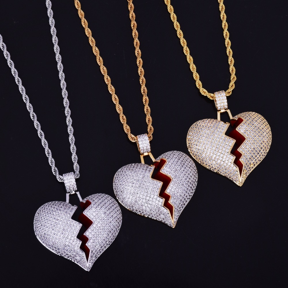 Broken Heart Chain Necklace And Pendant Iced Out Bling Zircon Hip Hop Jewelry Chains Necklaces 