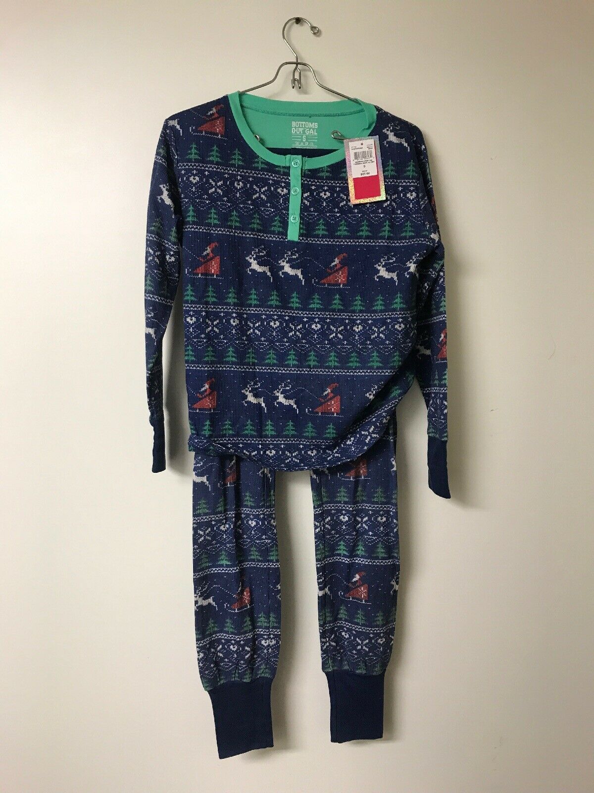 Bottoms Out Women's Striped WaffleKnit Pajama Set, Navy/Mint, Small