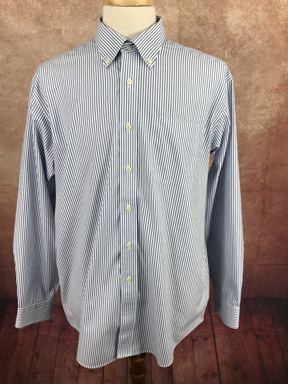 LL Bean Wrinkle Resistant Button Down 100% Cotton Blue Stripe Shirt Men ...