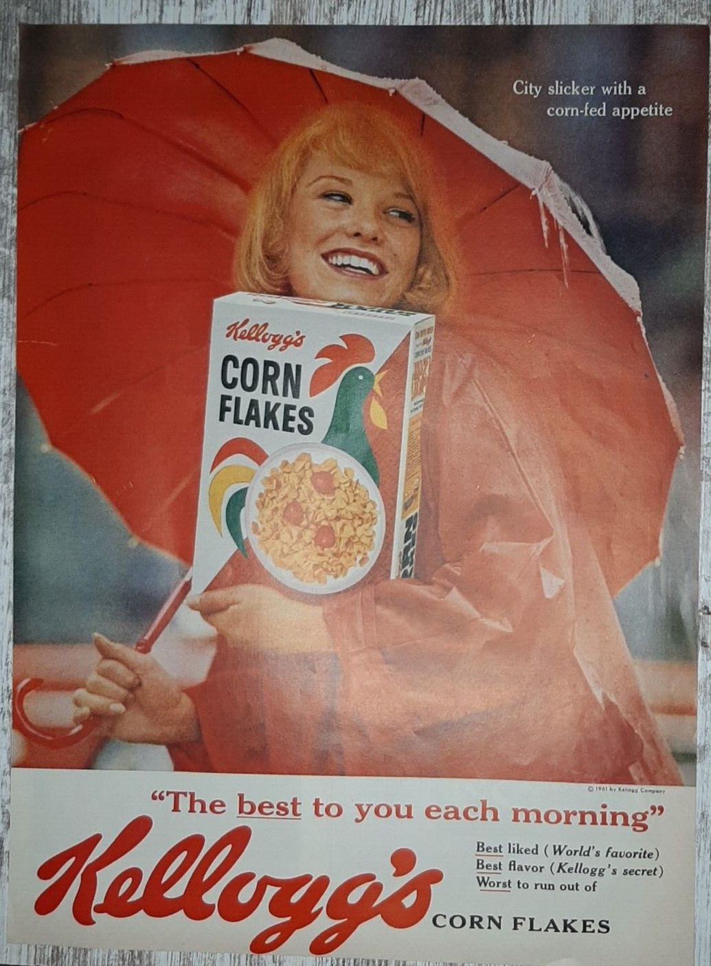 1961 Kellogg's Vintage Print Ad Corn Flakes Pretty Blonde Girl Red Umbrella - $9.57