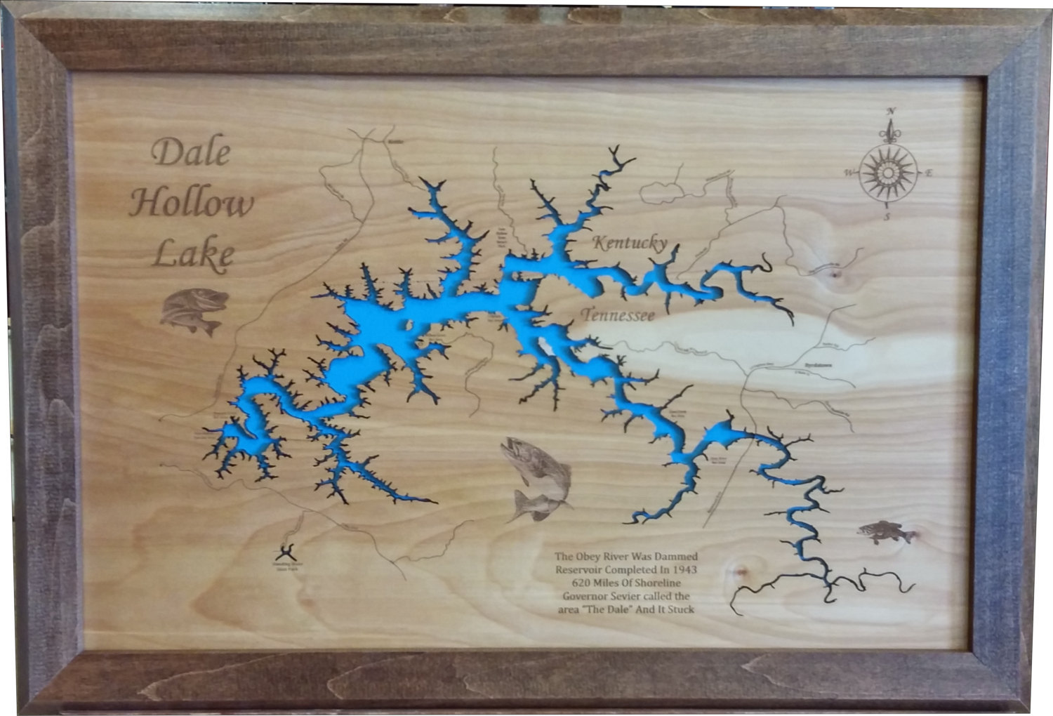 Wood Laser Cut Map of Dale Hollow Lake, TN Topographical Engraved Map