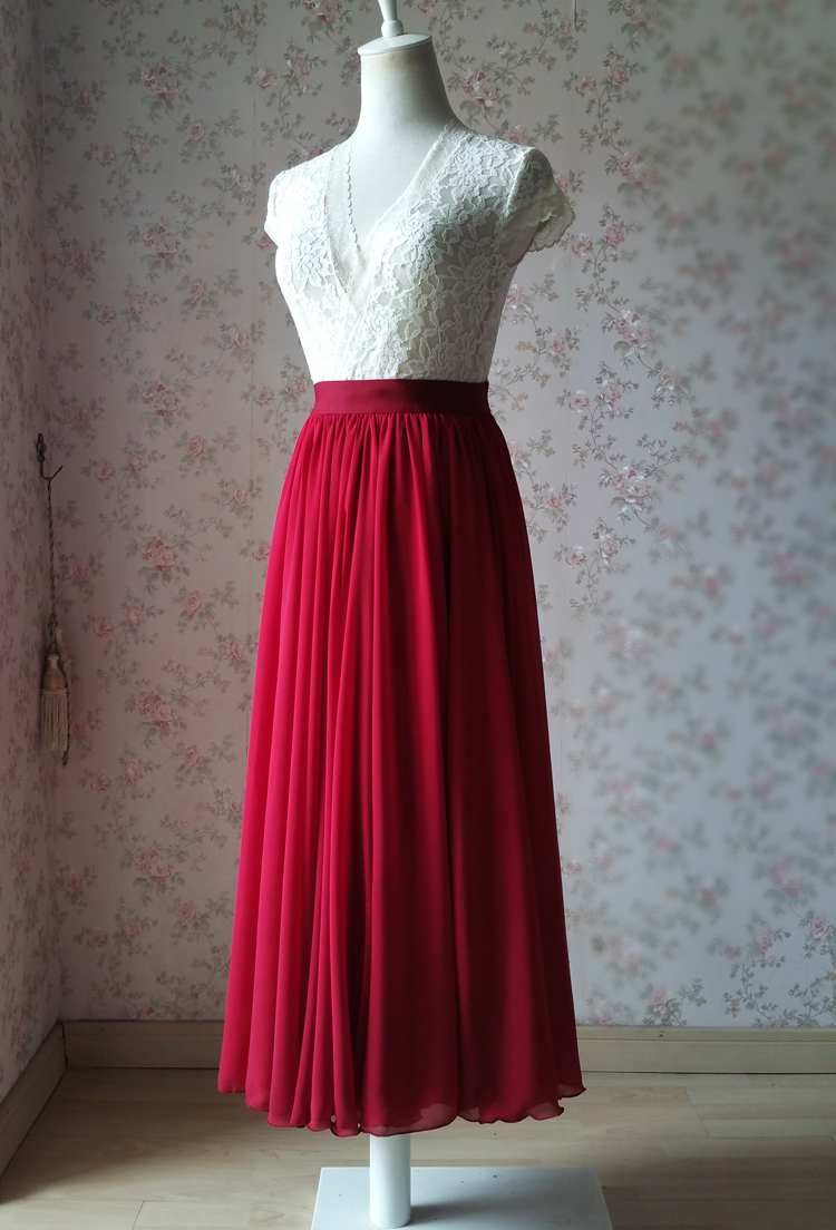 DARK RED Chiffon Maxi Skirt Women Full Maxi Chiffon Skirt Dark Red Wedding Skirt CHIFFON / Top