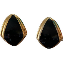 Vtg Monet Clip On Earrings Gold Tone Black Enamel - $16.79