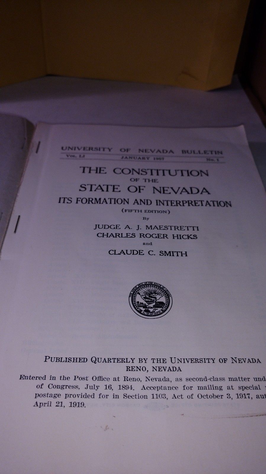 The Constitution of the State of Nevada Its Formation... 1957 (5th