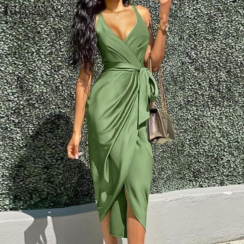 Green elegant V neck spaghetti strap bodycon midi length women wrap dress