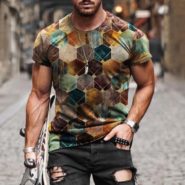 2021 new summer diamond printing casual round neck men's t-shirt