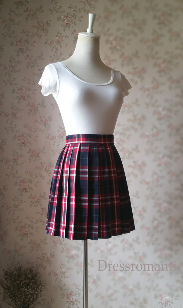 Red and Navy Plaid Skirt High Waisted Pleated Plaid Skirts Mini Plaid Skirt