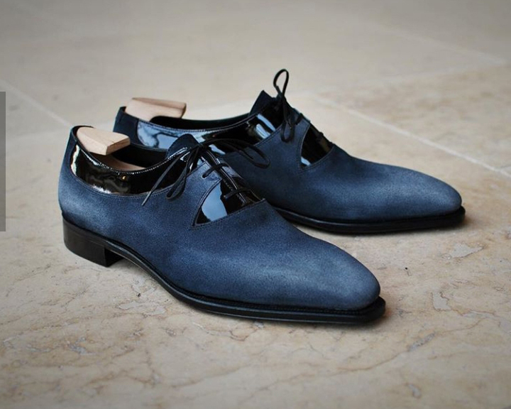 New Handmade Navy Blue Black Patent Leather Suede Shoes, Men's Lace Up Derby Sho