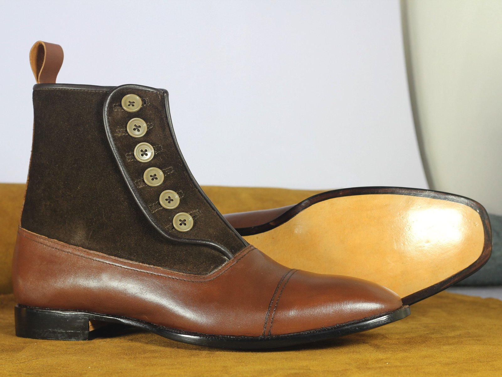 Bespoke Brown Cap Toe Leather & Suede Button Boots for Men's - Boots