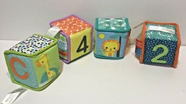 Bright Starts Lot of 4 Soft Cubes Squares Crinkle Rattle Jungle Numbers Letters - $13.59