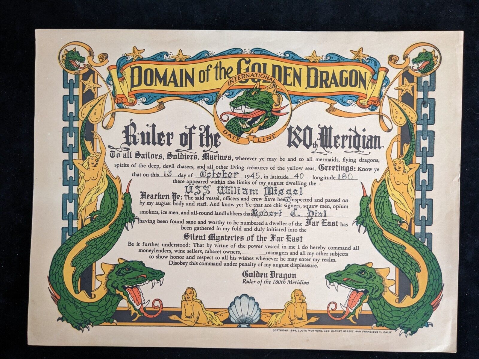 1945 Domain of the Golden Dragon Int'l Date Line Certificate USS