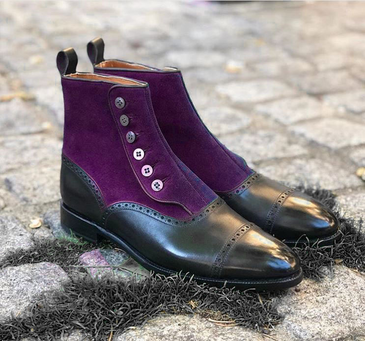 New Handmade Purple Black Ankle High Button boot, Men's Leather Suede Cap Toe b