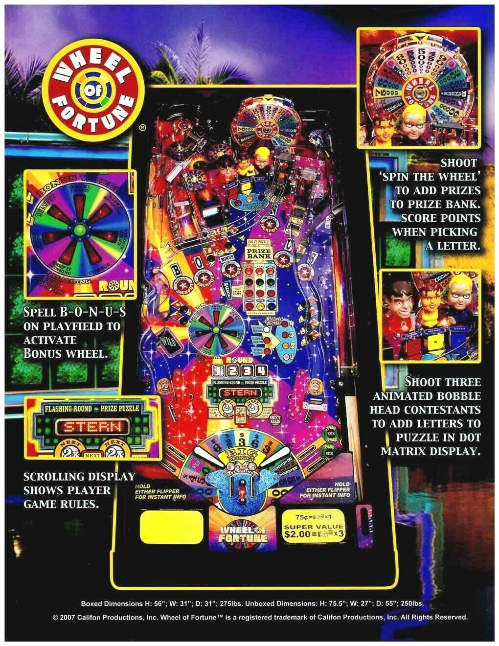 Wheel Of Fortune Pinball FLYER Original NOS Stern 2007 Promo Game ...