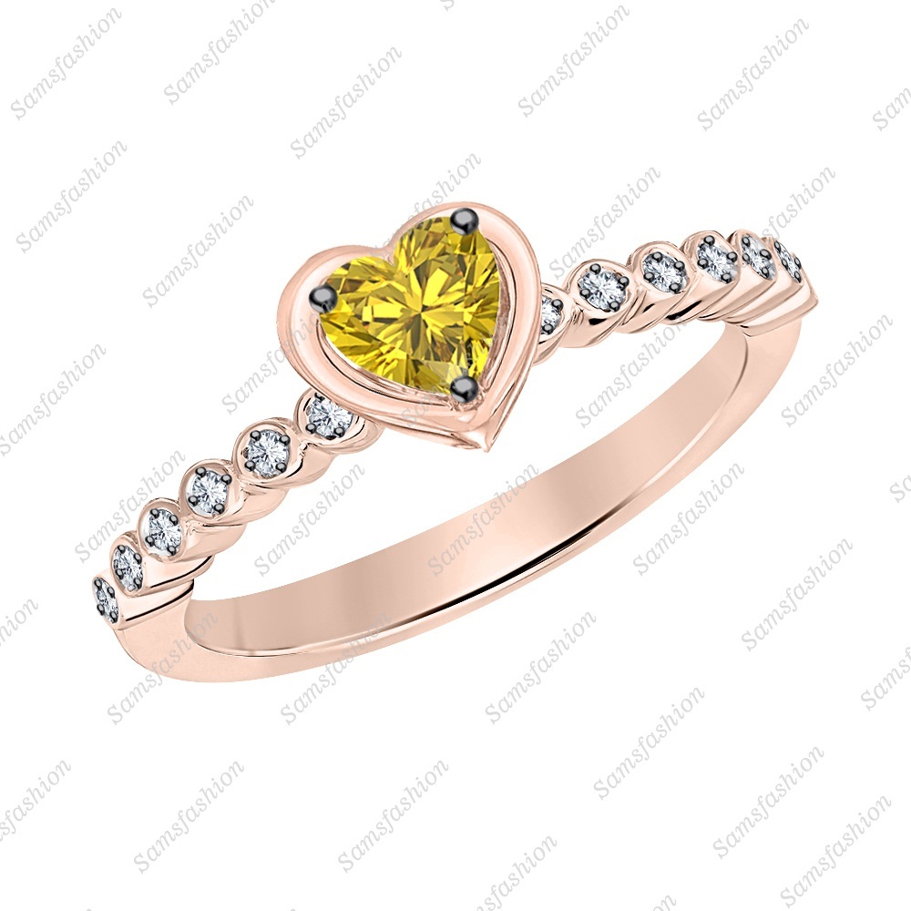 Women's Heart Yellow Sapphire & Dia 14k Rose Gold Over 925 Anniversary Band Ring