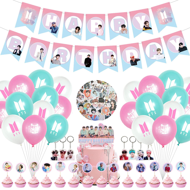 137Pcs BTS Gift BTS Happy Birthday Banner Balloons Cake Toppers And Stickers NEW