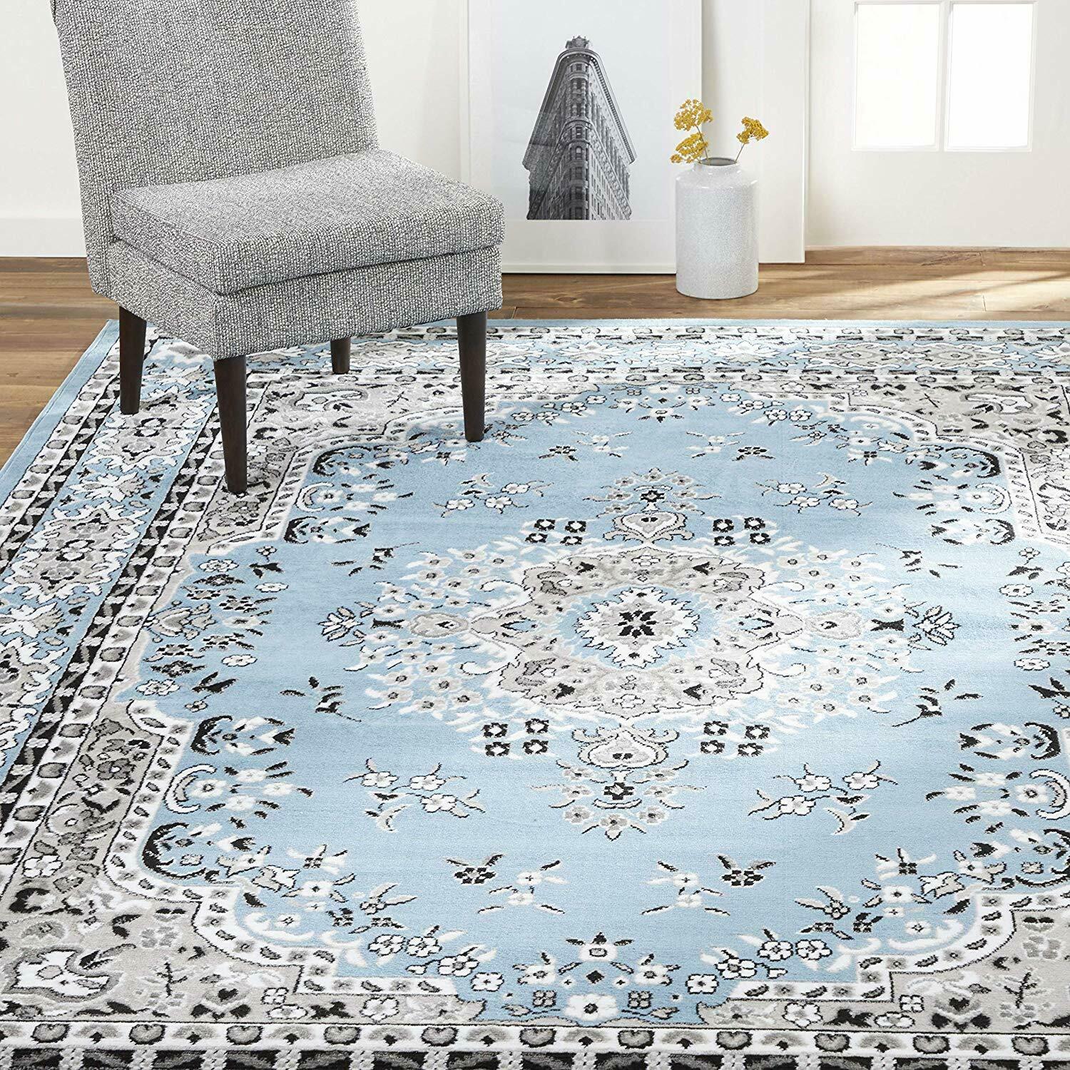 Nice Carpet Area Rug 7' 8" x 10' 7" Soft Ornate Blue Shabby Chic