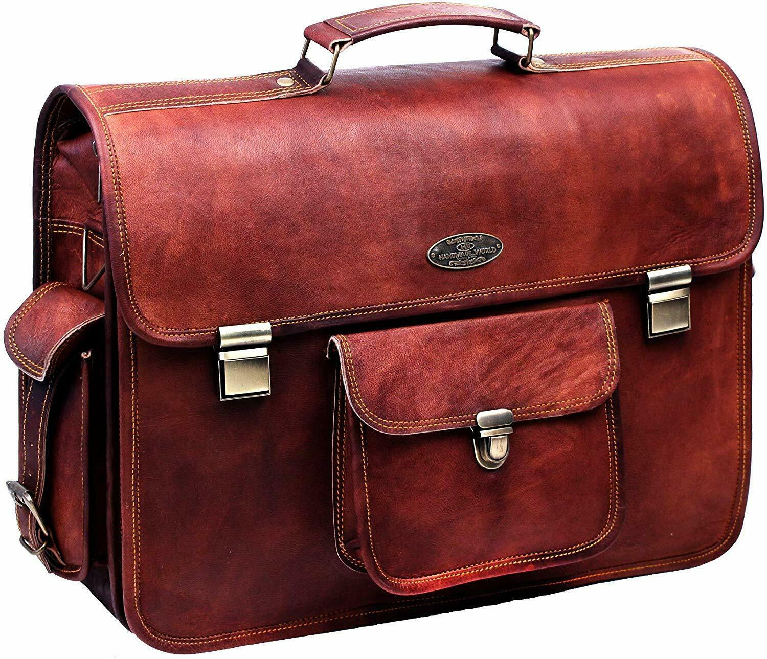 Vintage Messenger Laptop Briefcase Brown Leather Bag Attaché 13x18 Inch