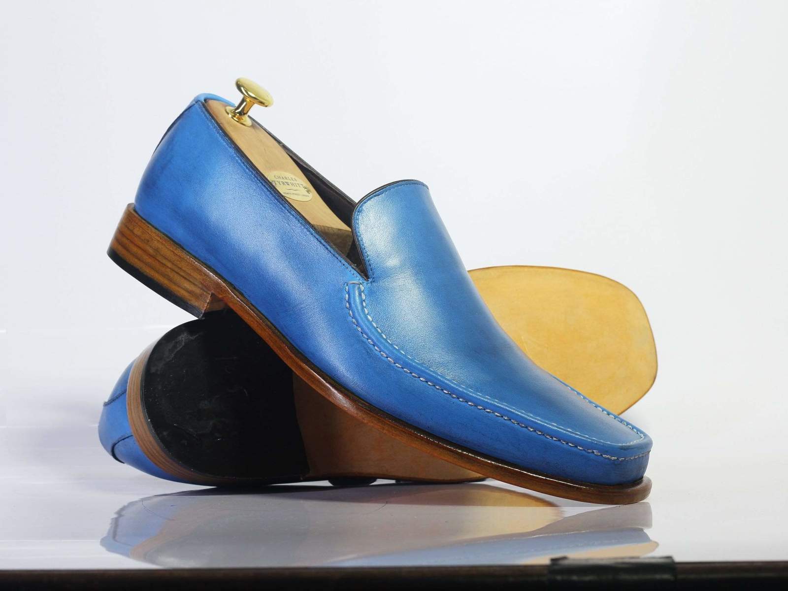Handmade Men's Plain Elegant Party Blue Leather Loafers, Men Designer Moccasins