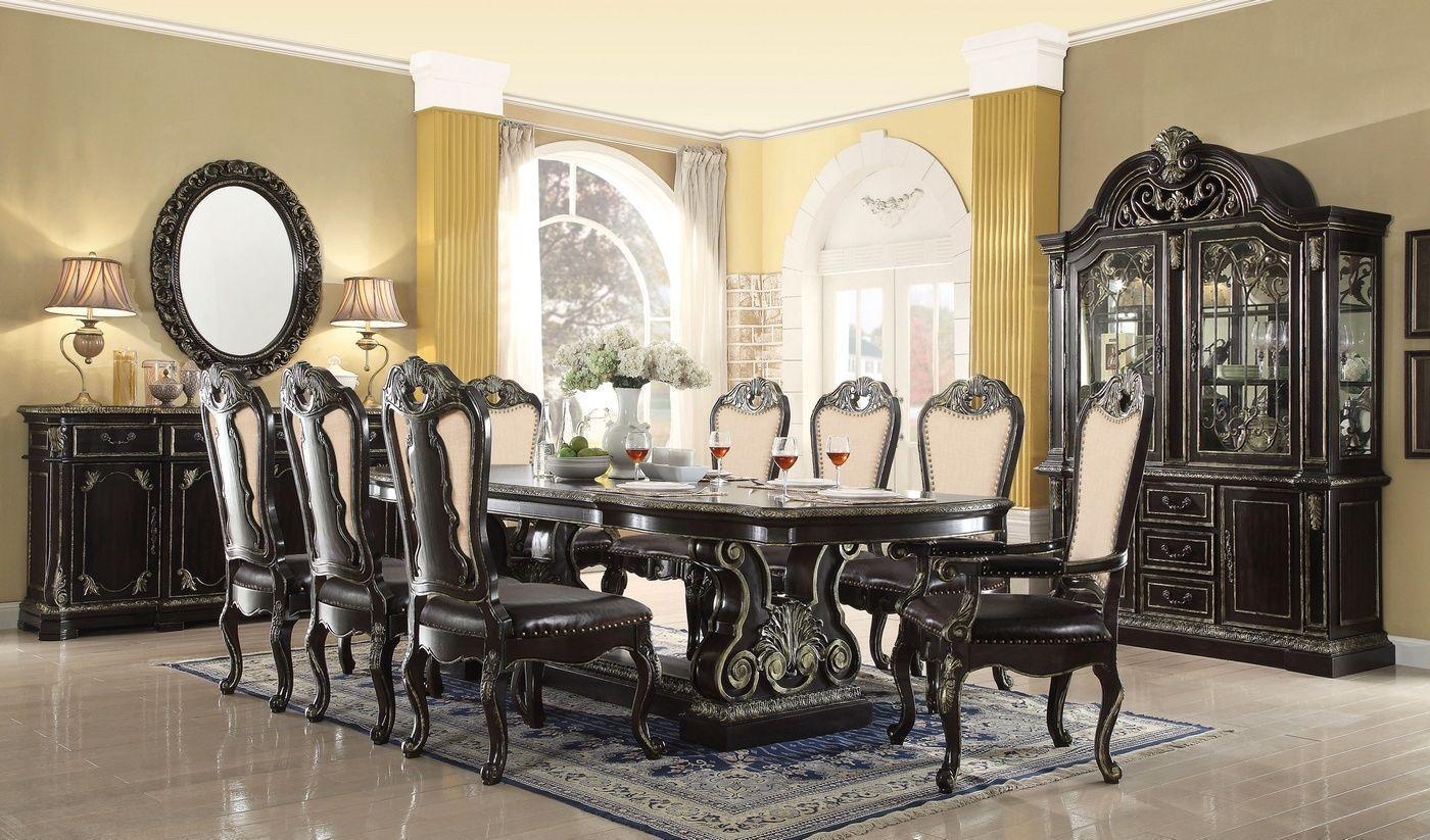 Mcferran D5188 Ebony Gold Gothic Double Pedestal Dining Table Set 8pcs