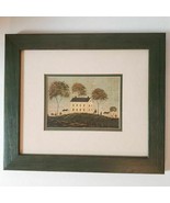 Houses on Hill Landscape Unsigned Print Matted Wood Framed Wall Art 14.5... - $21.47