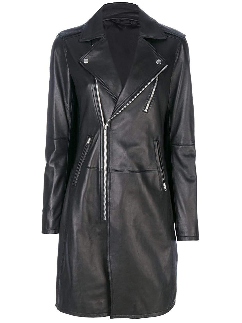 Facon - Womens mid length casual trench black blazer outerwear faux leather long coat
