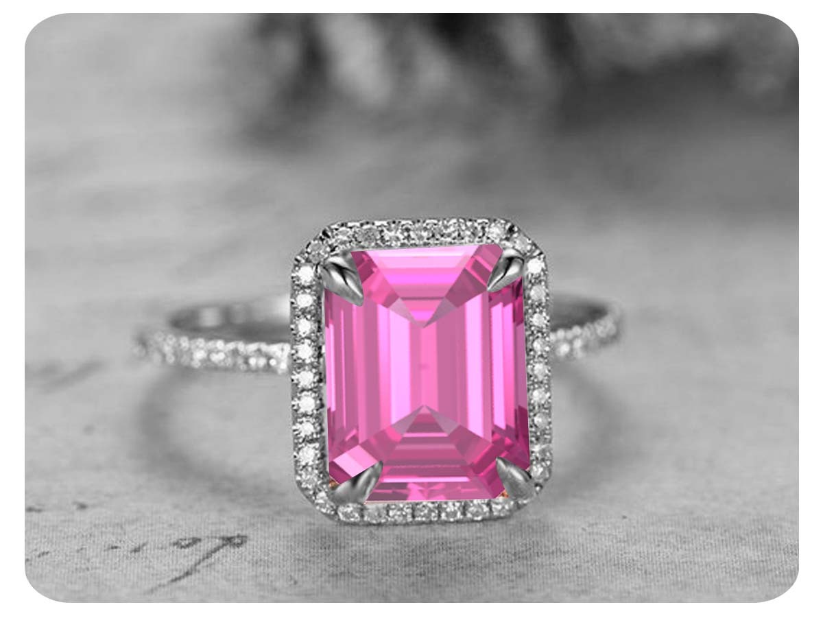 8x10mm Emerald Cut Pink Sapphire 14k White Gold Over 925 Silver Engagement Ring