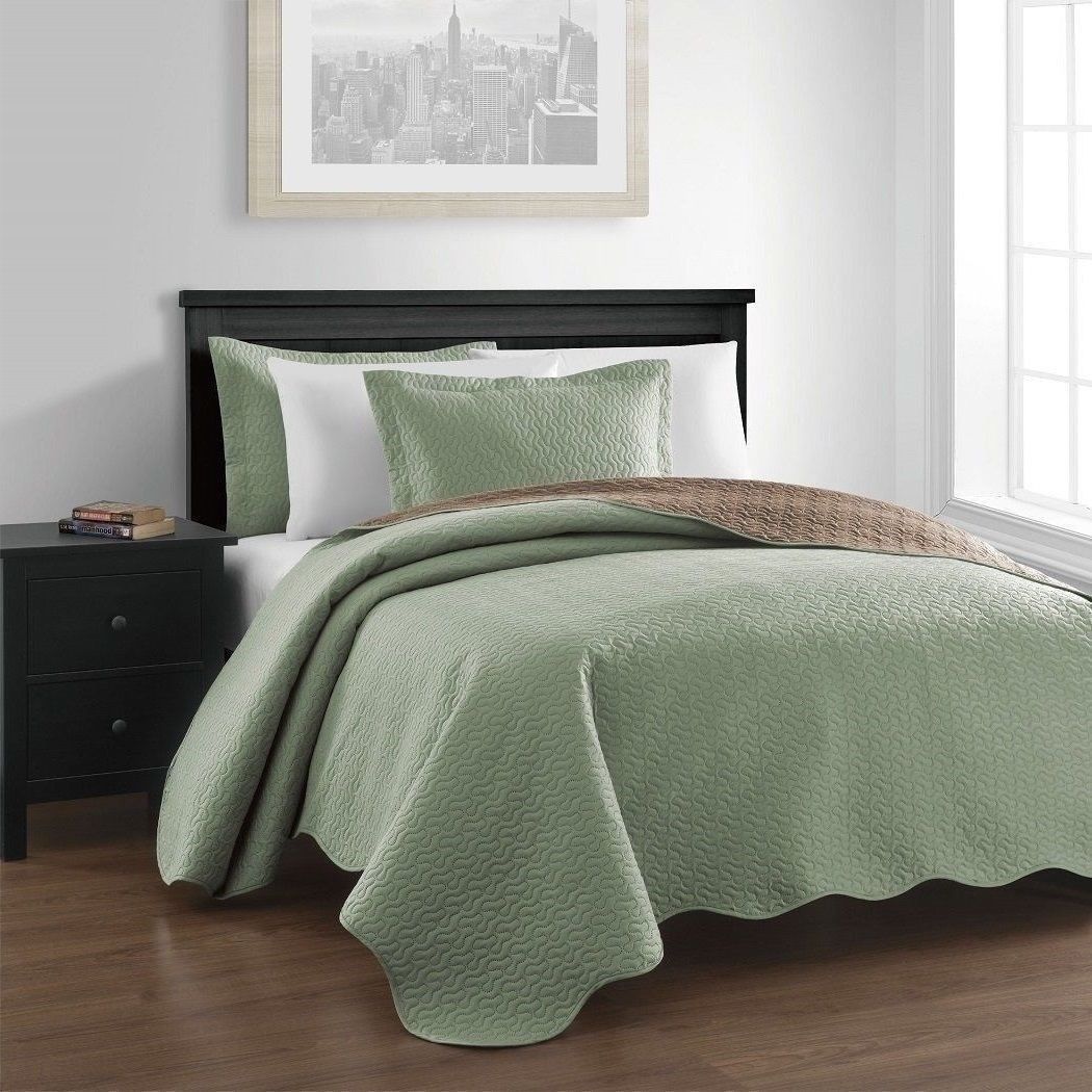 Queen King Bed Sage Green Taupe Brown Reversible 3 pc Quilt Set