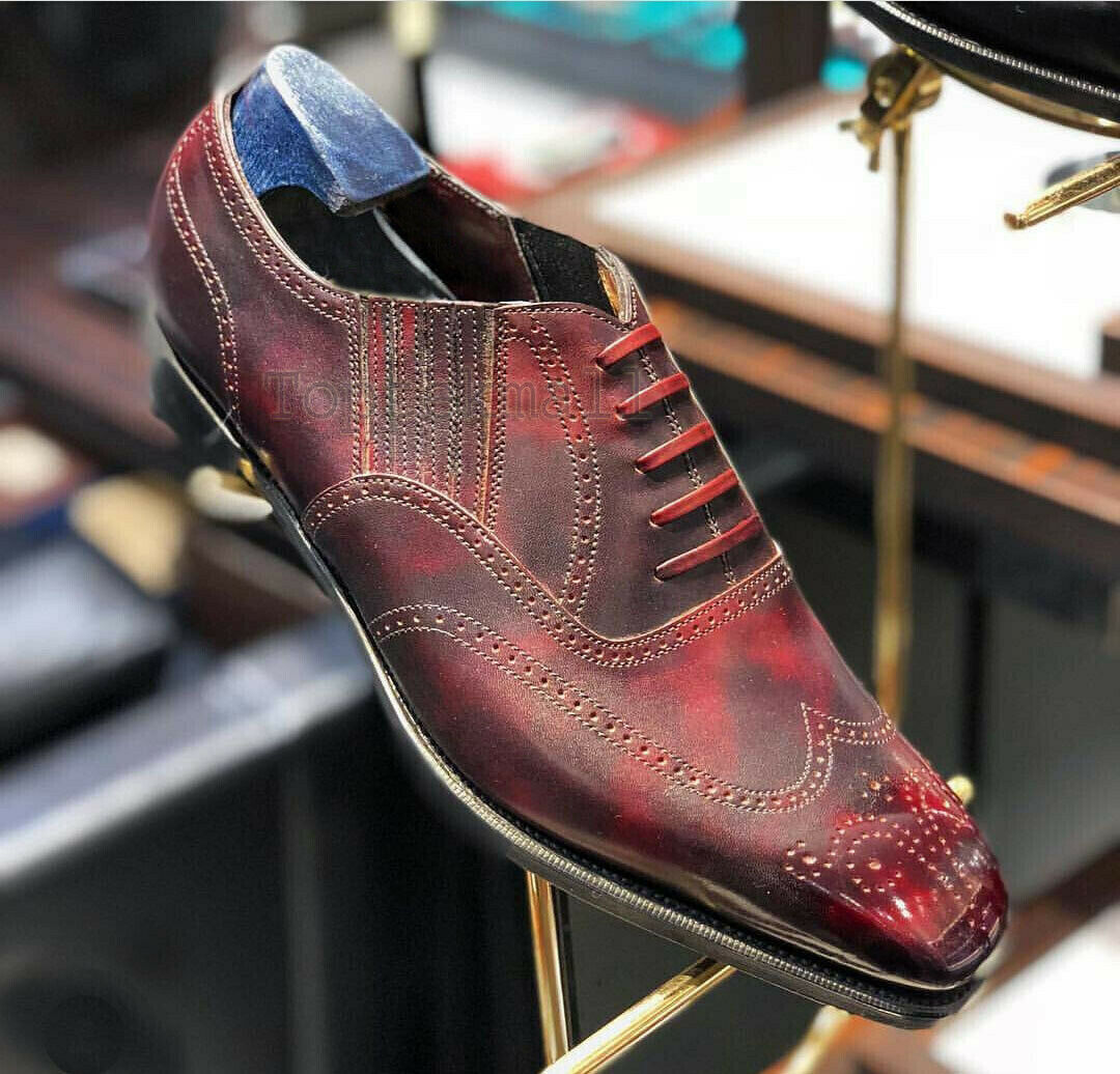 Handmade Men's Leather Burgundy Color Wing Tip Lace Up Oxfords Dress Shoes-364