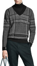 Hugo Boss Mens Black Plaid Knit Lanci Wool Blend V-Neck Sweater Small S 3019-10 - $201.33