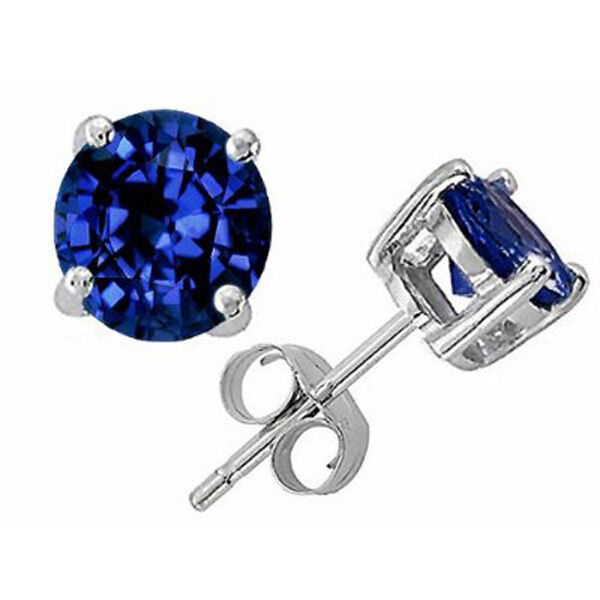 0.20 CT 3mm 14K SOLID WHITE GOLD BLUE SAPPHIRE ROUND SHAPE STUD EARRINGS PUSH