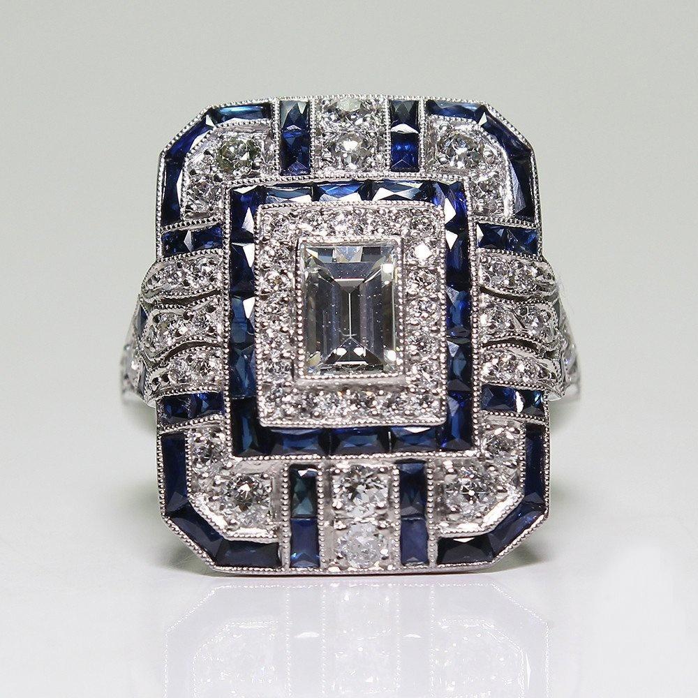 Antique Art Deco 925 Sterling Silver Blue Sapphire & Diamond Ring
