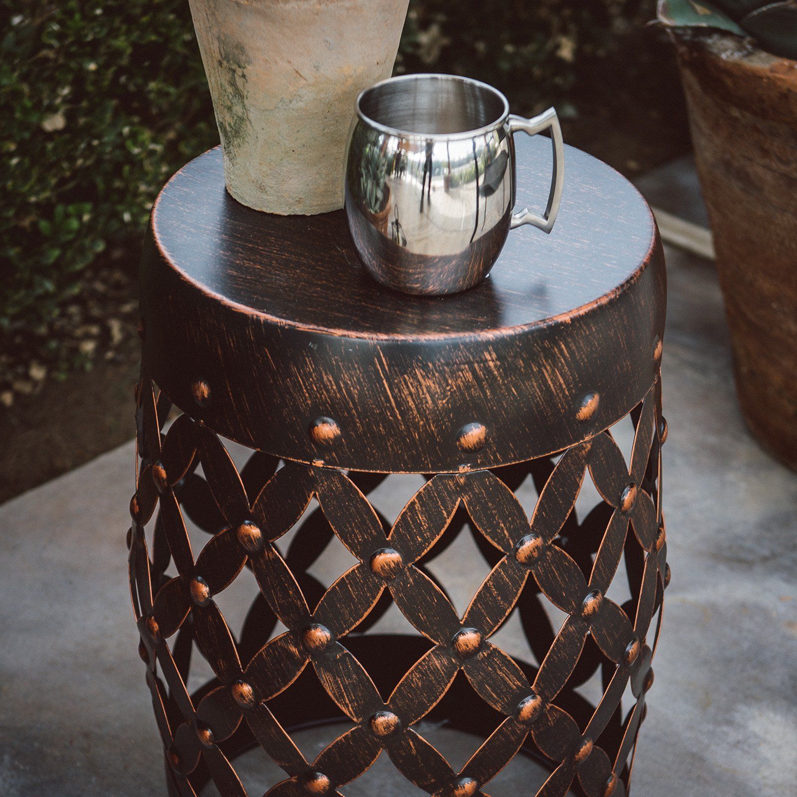 Black Bronze Finish Metal Lattice Garden Stool Patio Side ...