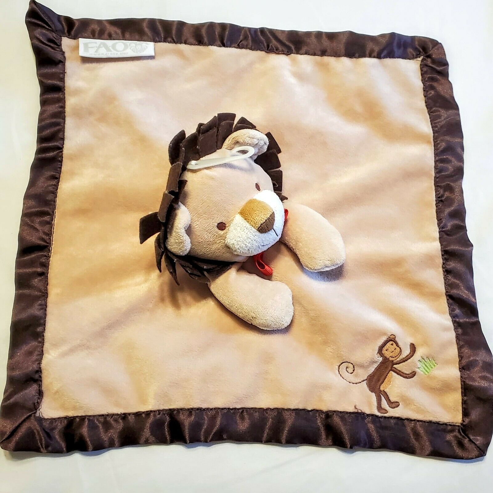 Primary image for FAO Babies R Us Lovey Security Blanket Plush Monkey Lion Brown Satin Tan 13x13"
