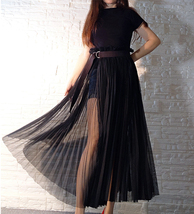 Black Long Pleated Skirt Outfit Black High Waisted Slit Pleated Tulle Skirt Plus image 1