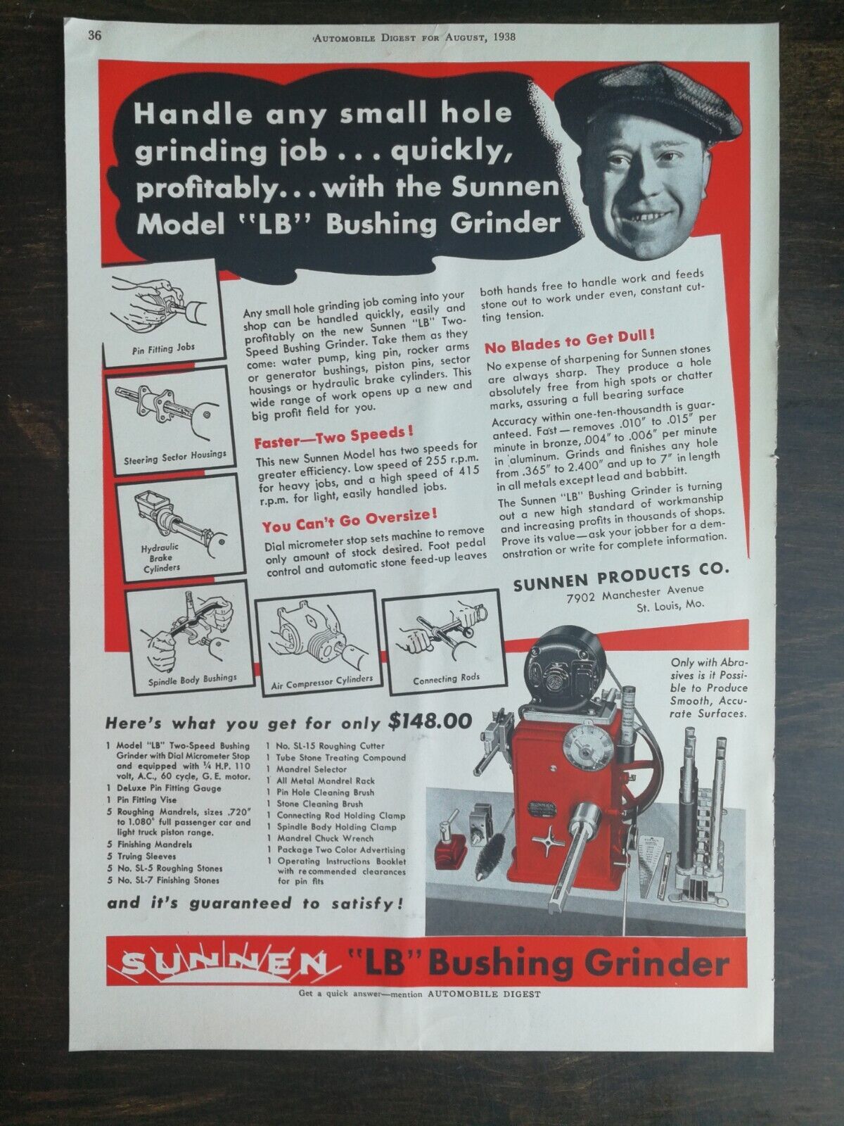 Vintage 1938 Sunnen LB Bushing Grinder Full Page Original Ad 622 - Other