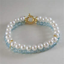 18K YELLOW GOLD BRACELET WITH 2 STRANDS PEARLS AND AQUAMARINE 7 IN MADE IN ITALY image 2
