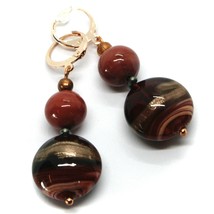 PENDANT ROSE EARRINGS STRIPED RED DISC, SPHERE, MURANO GLASS 5cm 2" ITALY MADE image 1