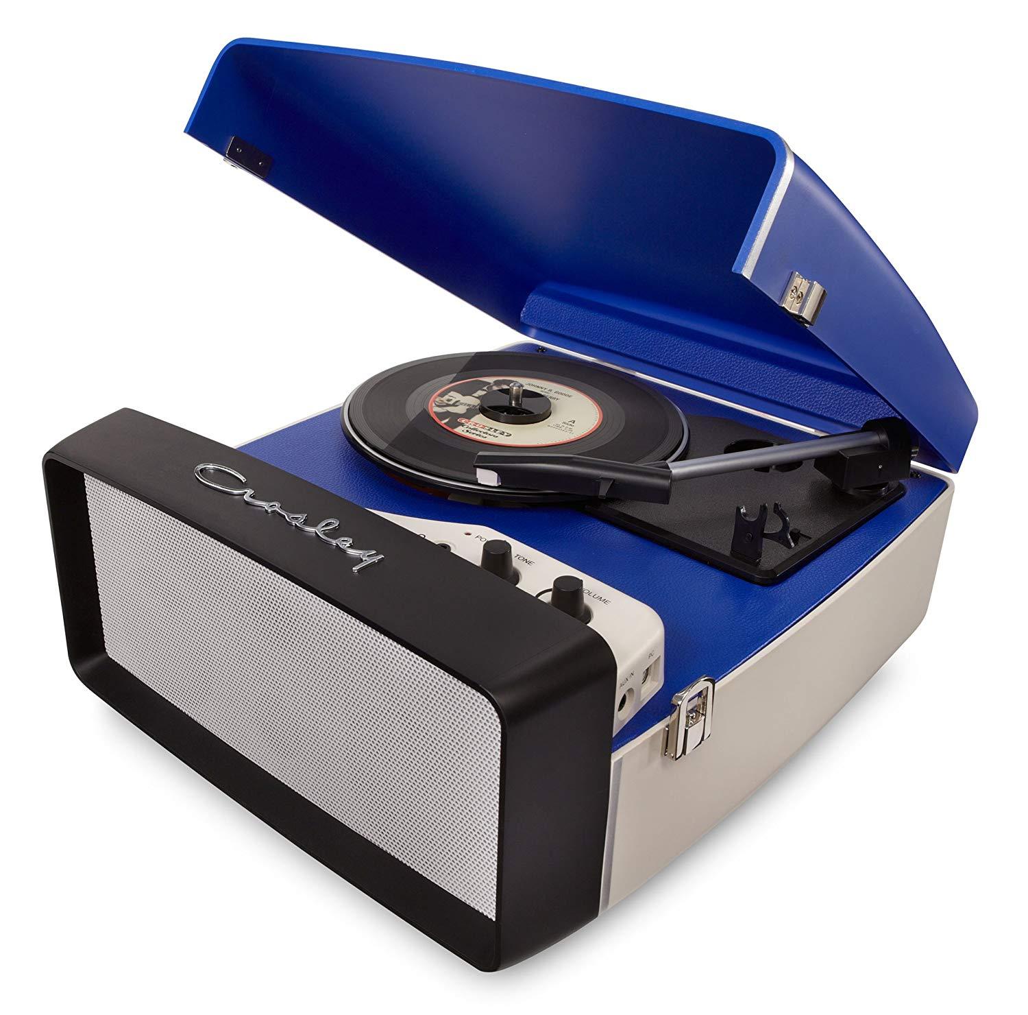 PORTABLE RECORD PLAYER TURNTABLE FRONT BLUE GRILL SPEAKER USB ELVIS