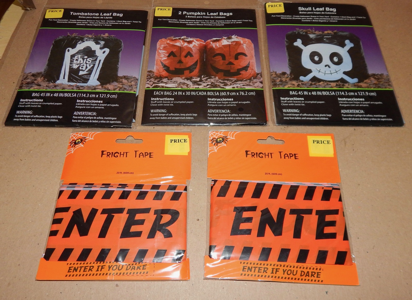 Primary image for Halloween Fright Tape 2ea & Skull Pumpkin Tombstone Leaf Bags 3ea 45" x 48" 133T