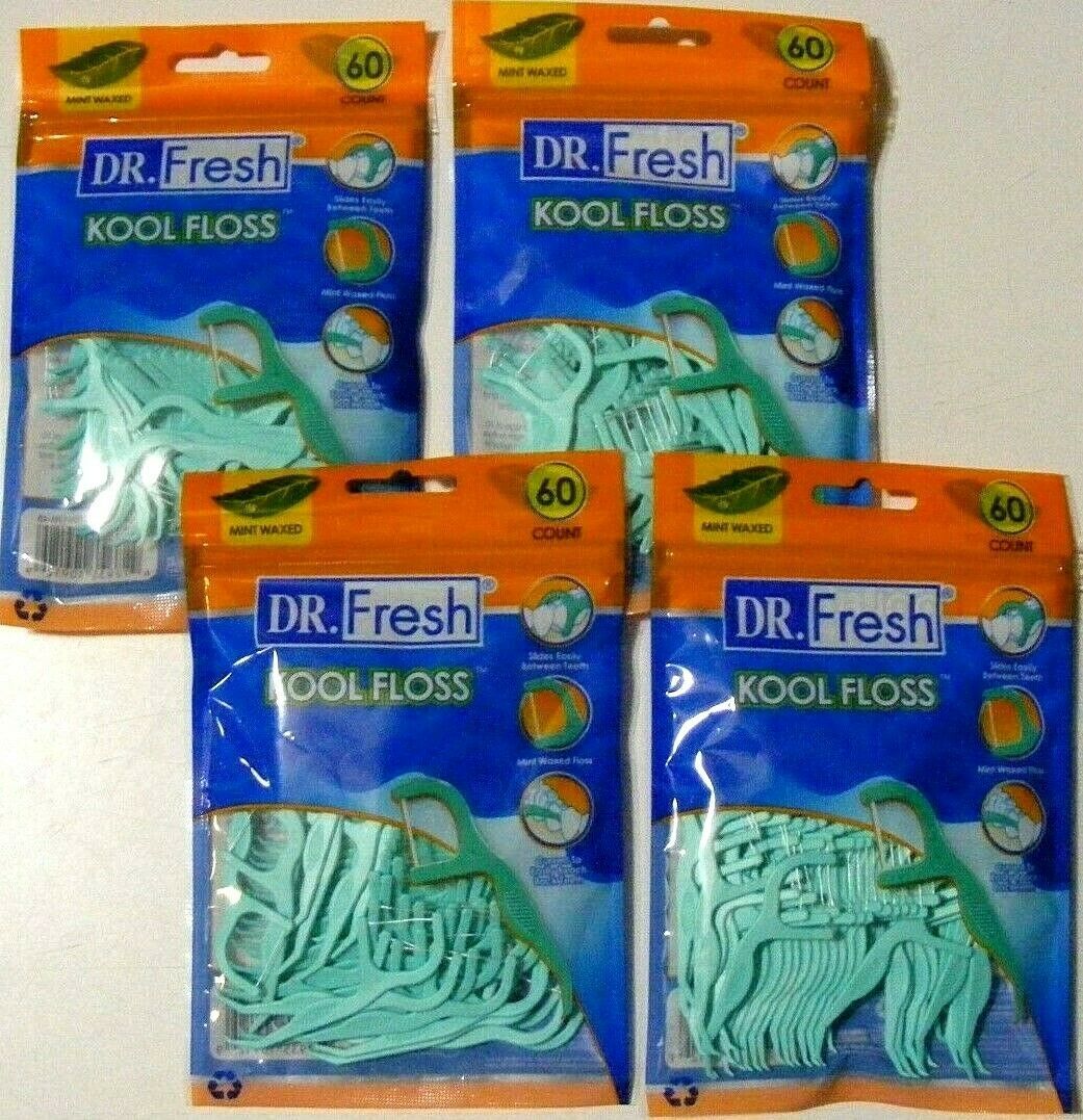 Lot of 4 Dr.Fresh Kool Mint Waxed DENTAL FLOSS 60count picks, fresh